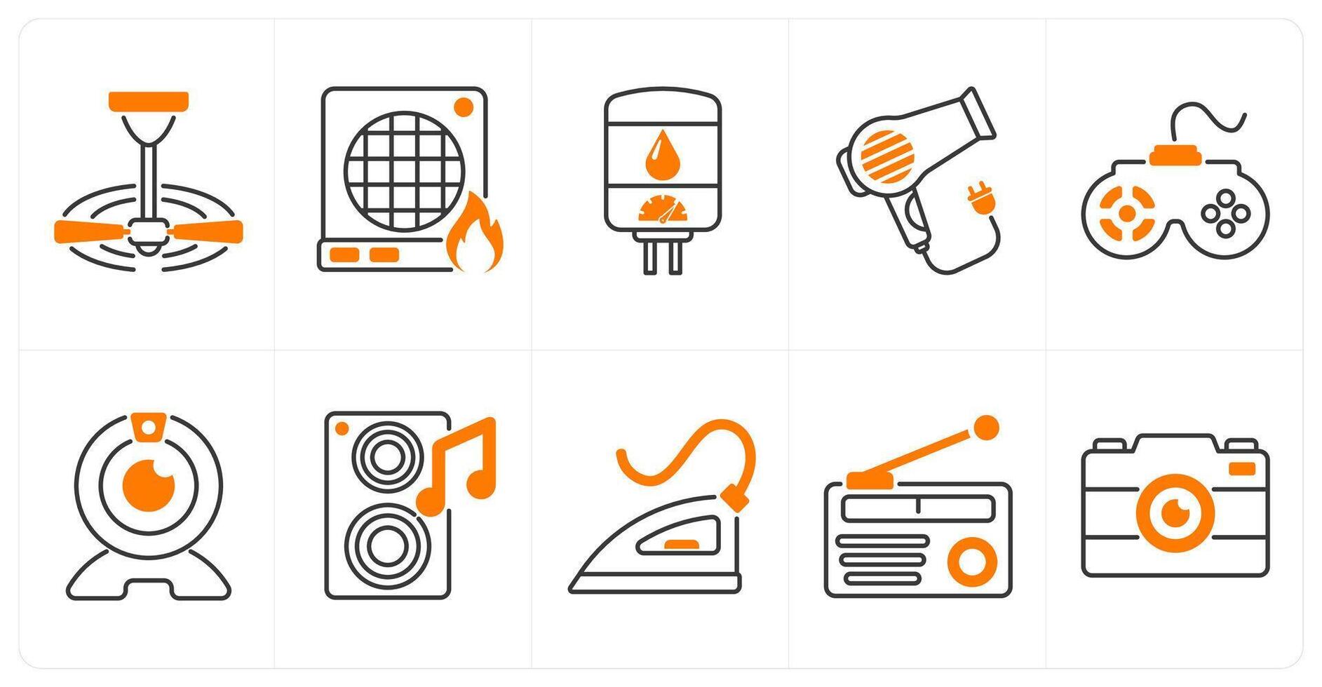 A set of 10 home appliances icons as ceiling fan, heater, geyser vector