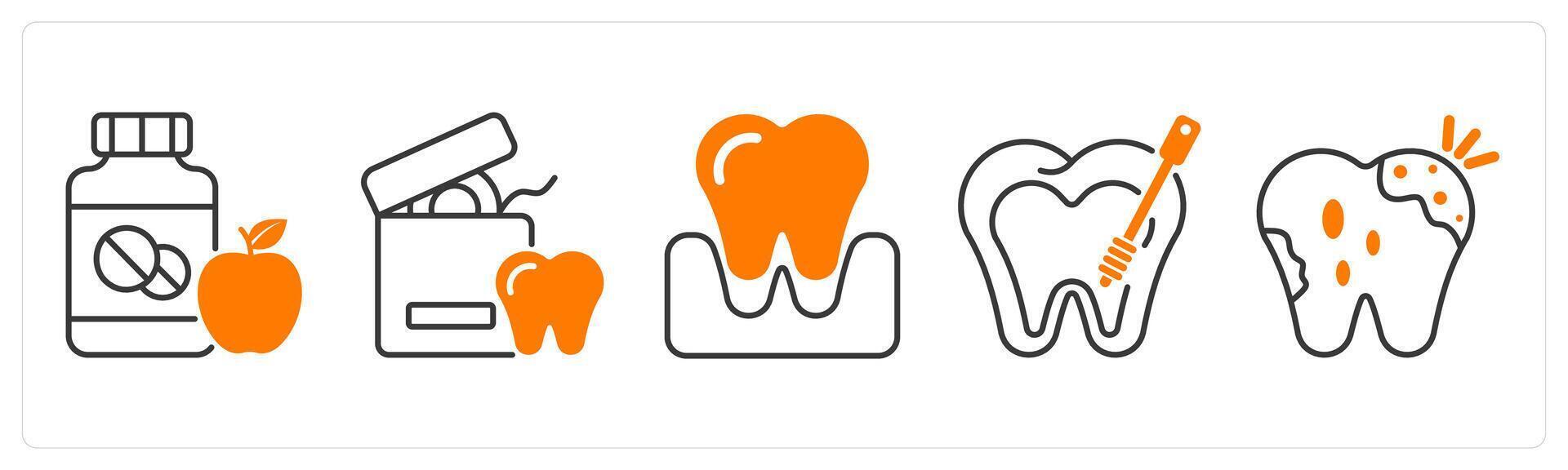 A set of 5 Dental Care icons as vitamins, dental floss, tooth extraction vector