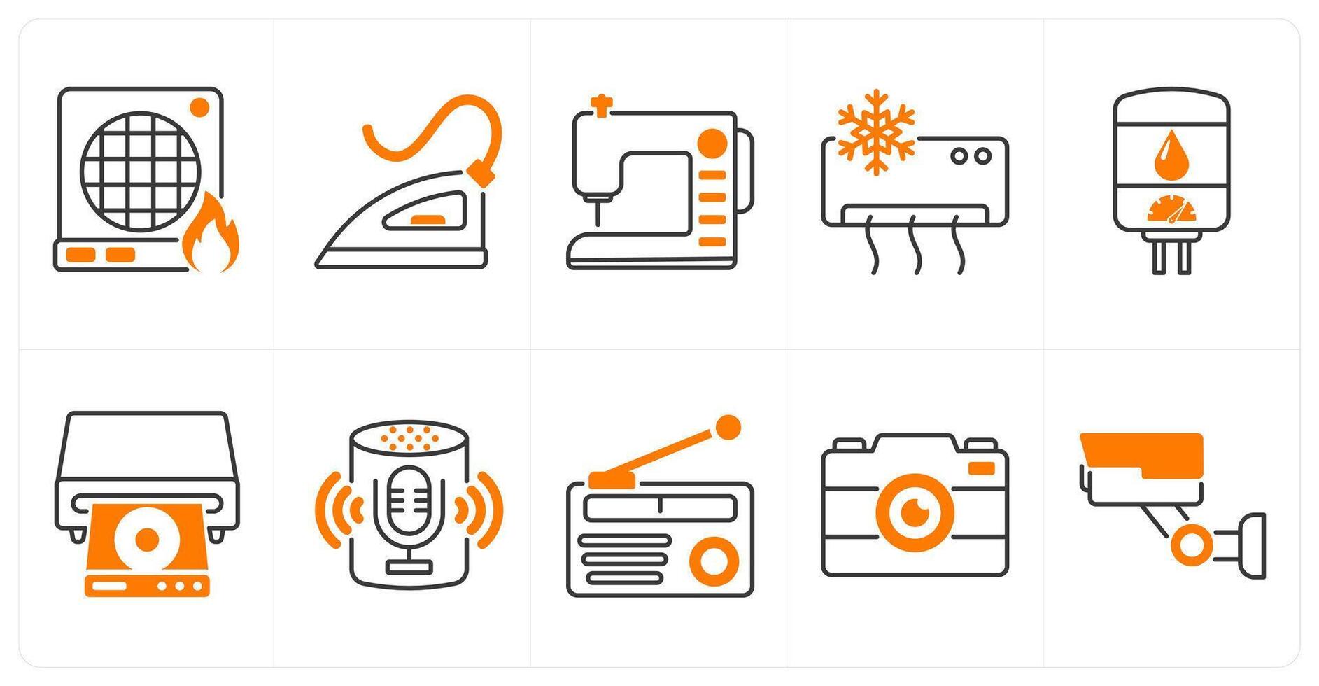 A set of 10 home appliances icons as heater, iron, sewing machine vector