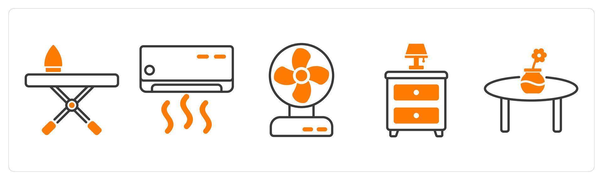 A set of 5 Furniture icons as iron table, air conditioner, fan vector
