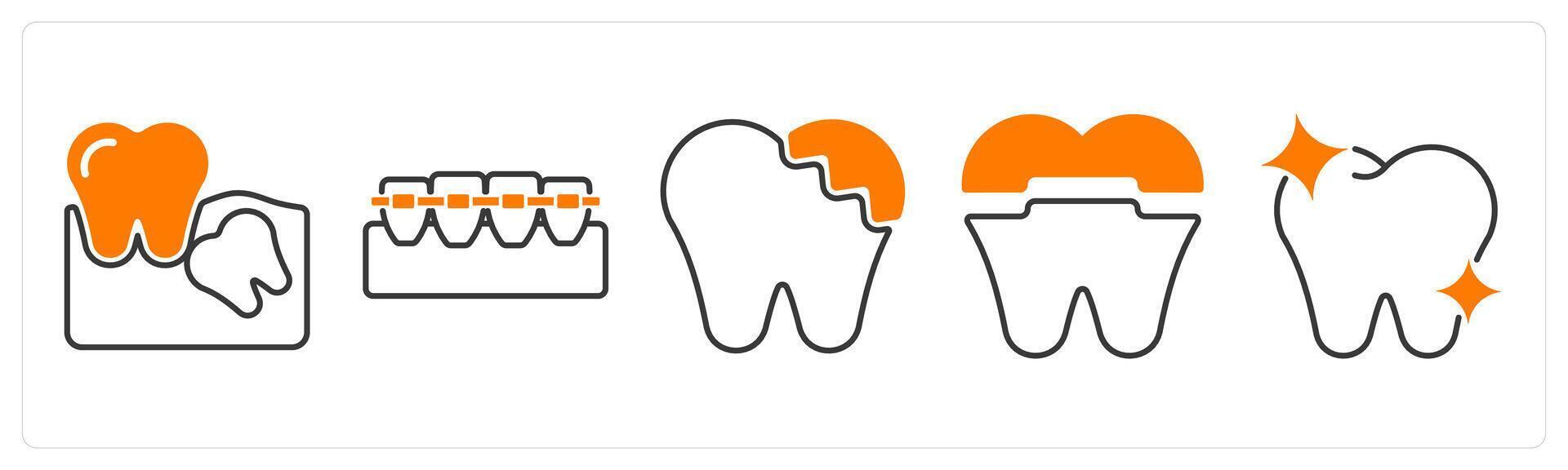 A set of 5 Dental Care icons as wisdom tooth, braces, broken tooth vector
