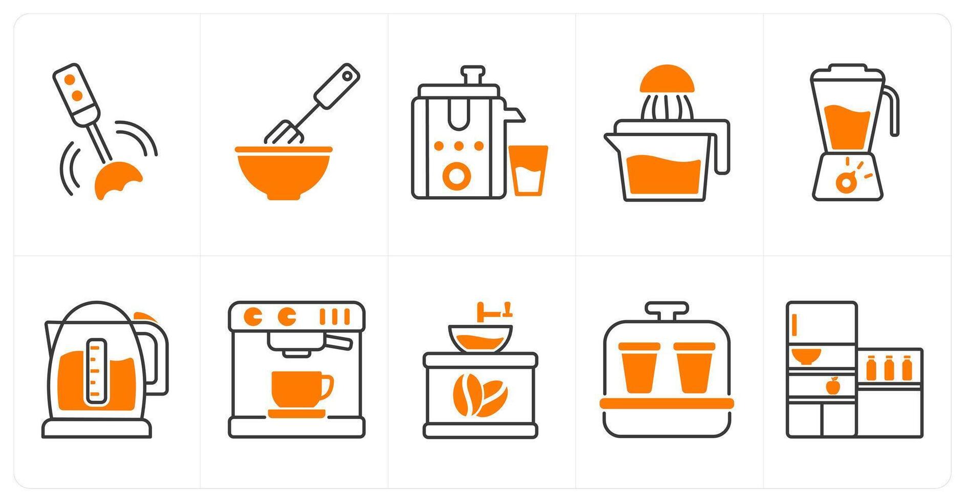 A set of 10 home appliances icons as hand blender, mixer, juicer, hand juicer vector