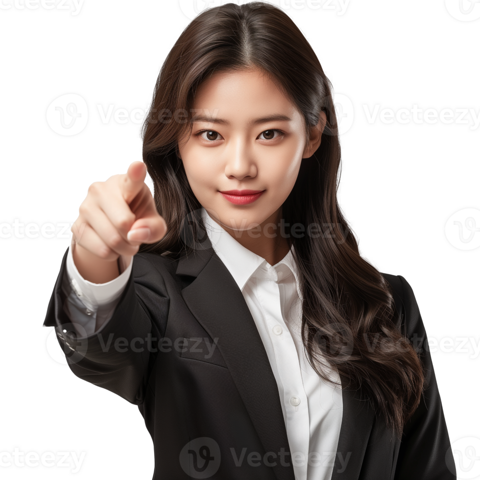 Portrait of a young asian business woman pointing at you, isolated on transparent background png