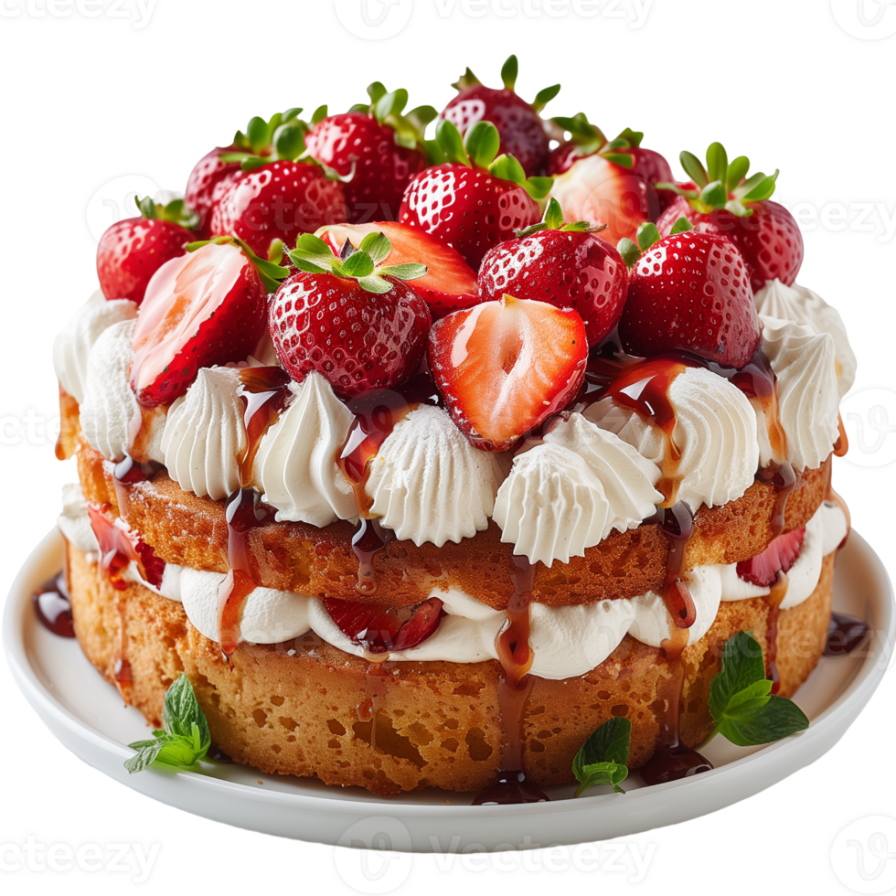 Cake with strawberries and whipped cream isolated on transparent background png