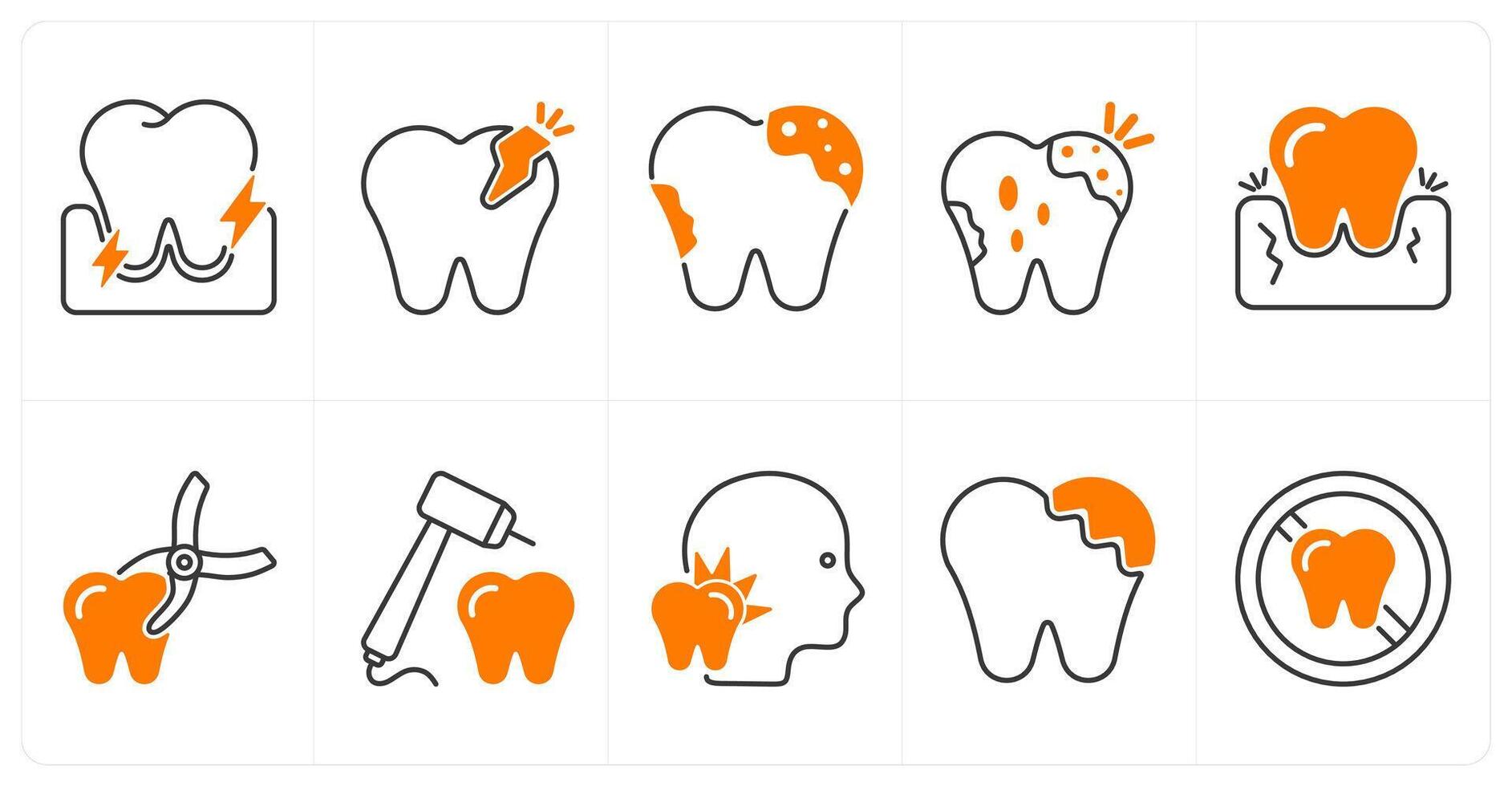 A set of 10 dental care icons as gum pain, dental emergency, dental caries vector