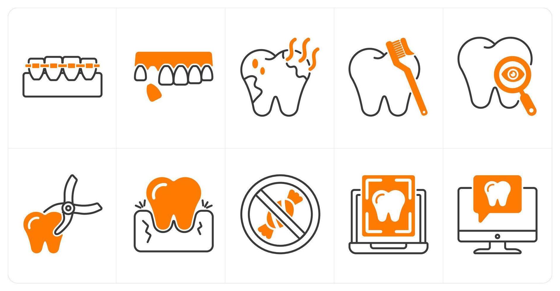 A set of 10 dental care icons as braces, tooth loss, bad breath vector