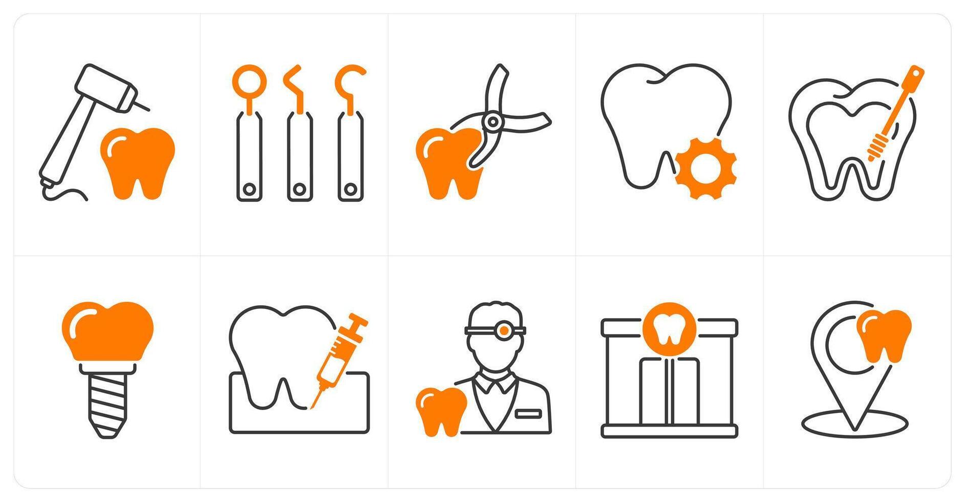 A set of 10 dental care icons as tooth drill, dental equipment, tooth remove vector