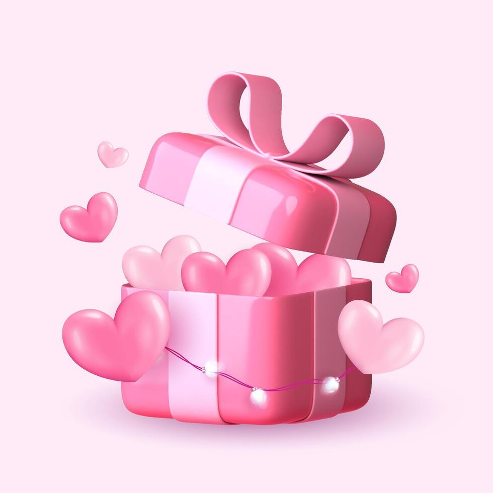 Valentine's Day theme with realistic gift boxes. An open box filled with festive decorations. Ideal for holiday banners, web posters, flyers, elegant brochures, greeting cards, and romantic background vector