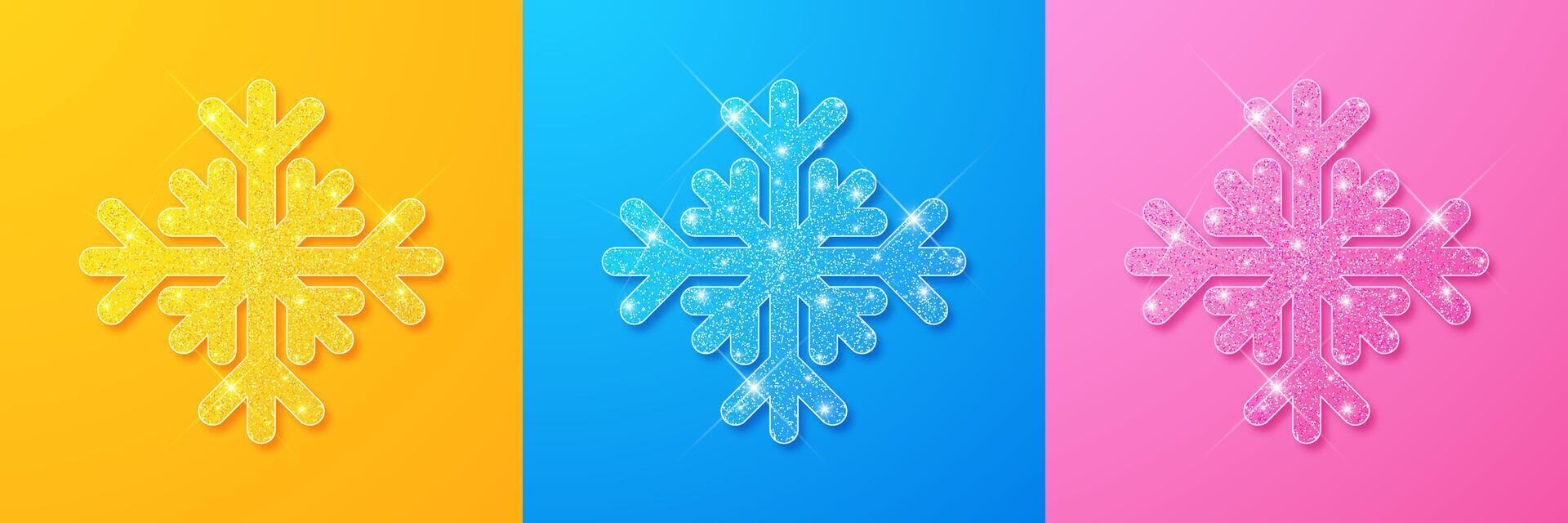 Snow stars collection. Sparkling yellow, blue and pink snow with sparkling texture, isolated on snow color matching background. vector