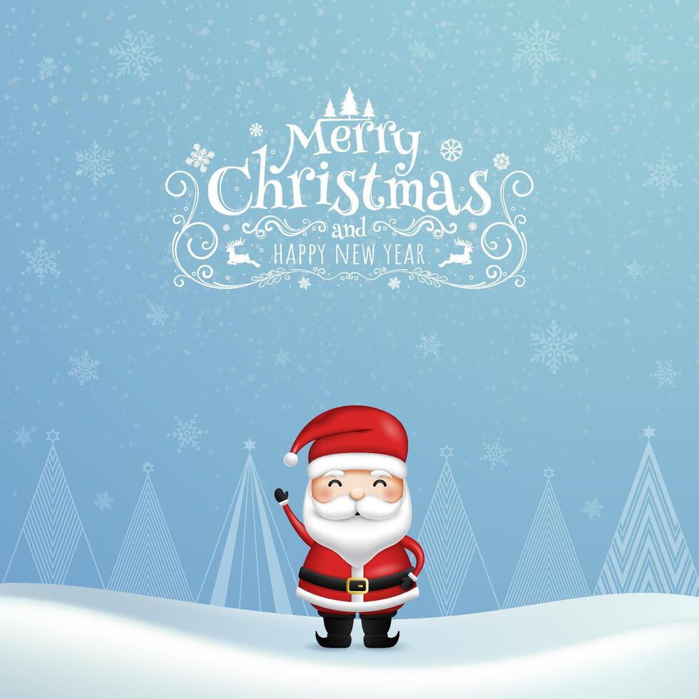 Typographical Christmas and New Year Greetings on a Shiny Xmas Background with a Winter Landscape, Snowflakes, Santa Claus, and Christmas Tree. Merry Christmas Card. vector