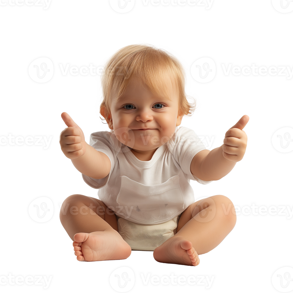 Cute baby sitting on floor and showing thumbs up isolated on transparent background png