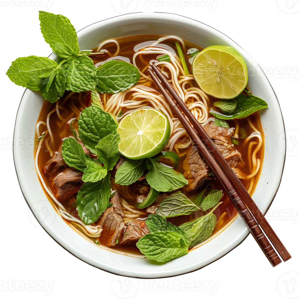 Bowl of asian noodle soup with beef, lime and mint isolated on transparent background png