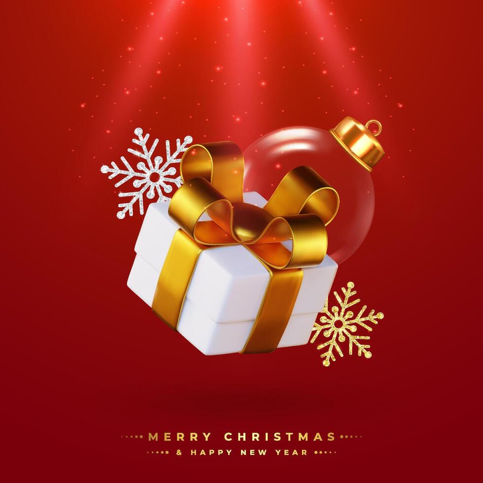 Happy New Year and Merry Christmas, white gift box with gold ribbon and shiny snow on red background. vector