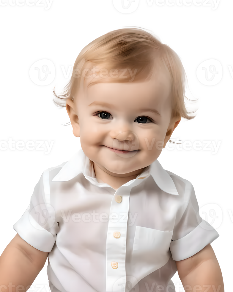 Portrait of a smiling baby boy in white shirt isolated on transparent background png