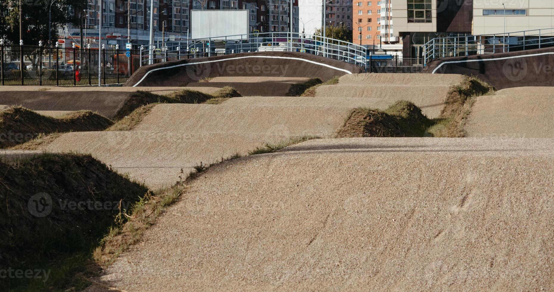 Empty BMX Race made from soil and sand. Adrenaline-Pumping Dirt BMX Race Track. A Rider's Paradise for Stunts and Speed. Extreme sport, bicycling concept photo