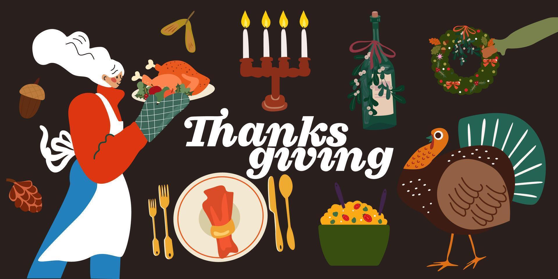 Happy thanksgiving day concept. Thanksgiving day and eating delicious food together. Traditional turkey and different food icons. Flat girl character in a kitchen apron holding roast turkey vector