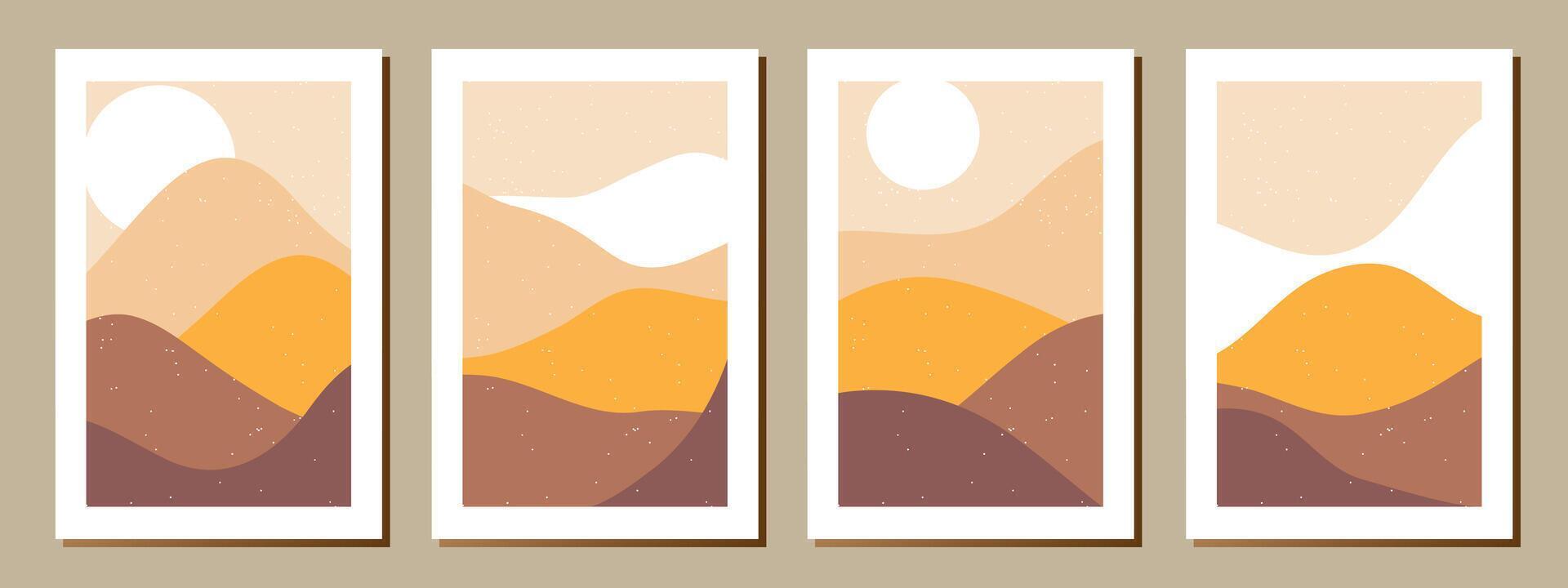 Set of creative abstract mountain landscape and mountain range backgrounds.Mid century modern illustrations with hand drawn mountains,sea or lake,sky,sun and moon.Trendy vector