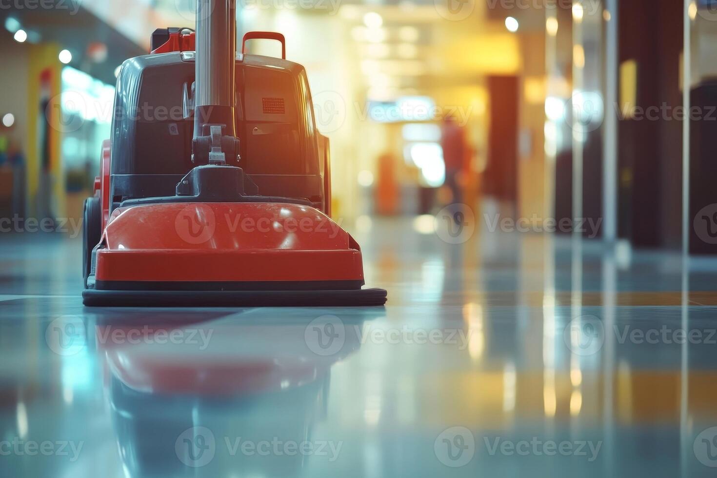 Industrial floor machine for cleaning and polishing the hallway. . photo