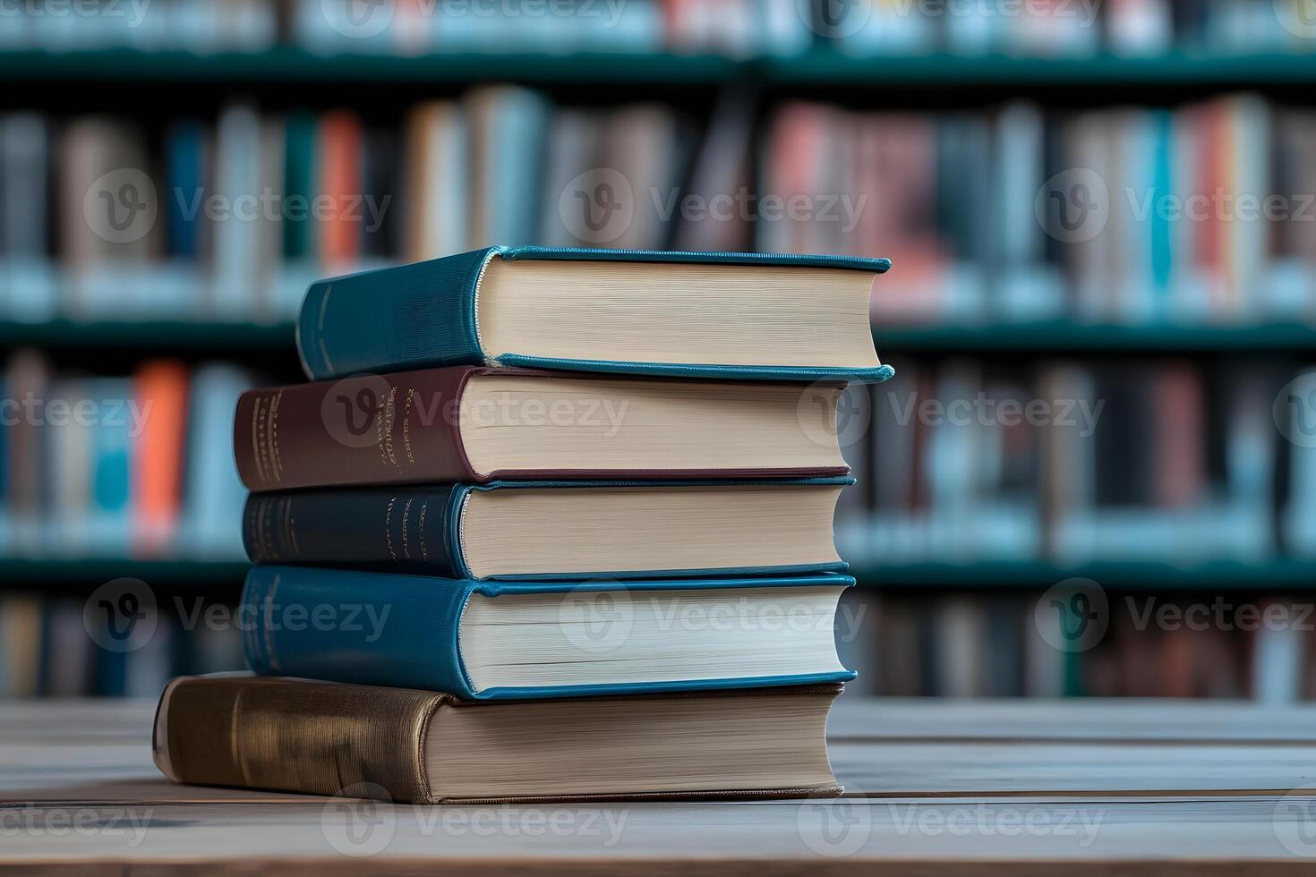 Stack of books against the background of library. . photo