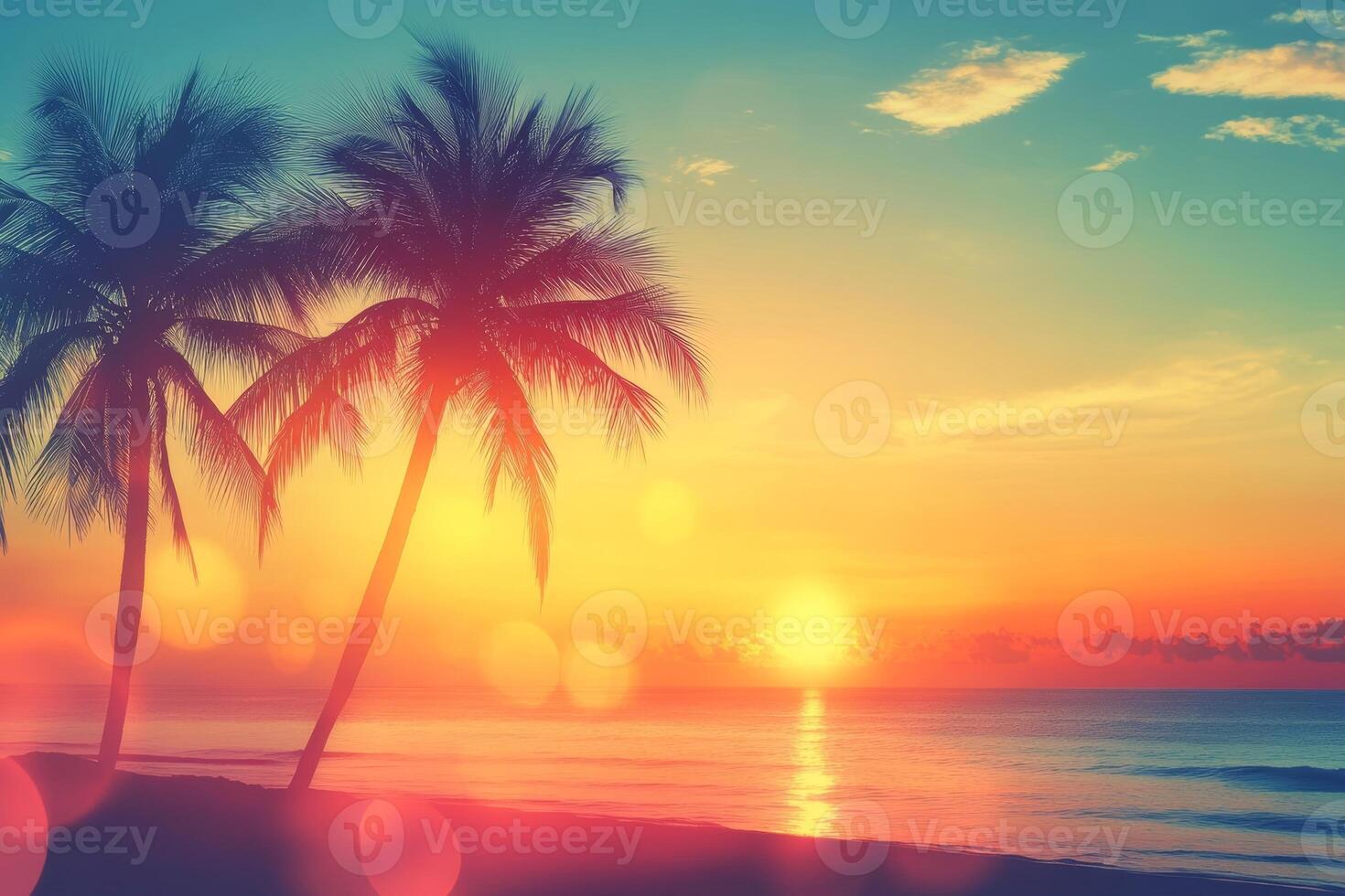 Abstract summer background with palm trees, sunset and beach. . photo
