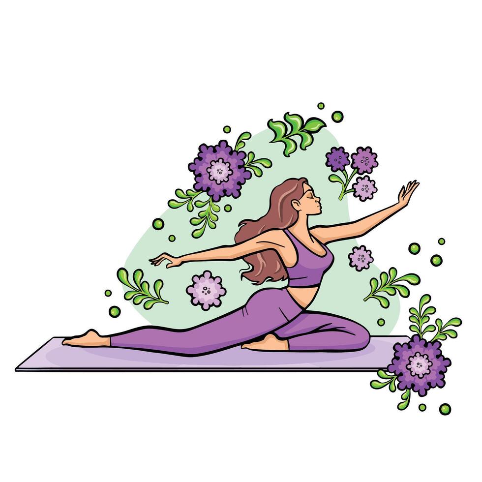 Yoga, woman in dove pose, in harmony with nature, cartoon style vector