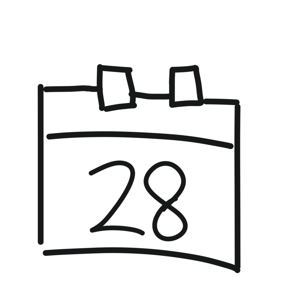 A black and white drawing of a calendar with the date 28 png