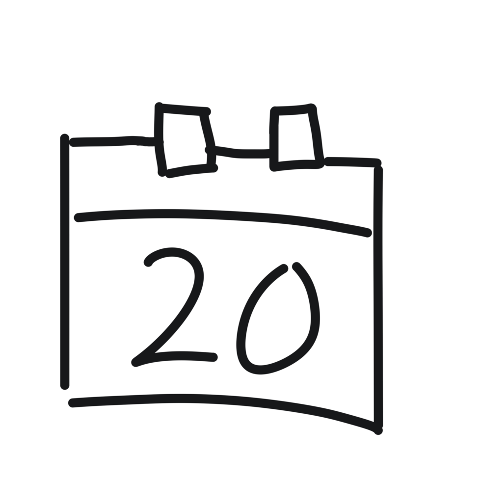 A black and white drawing of a calendar with the date 20 png