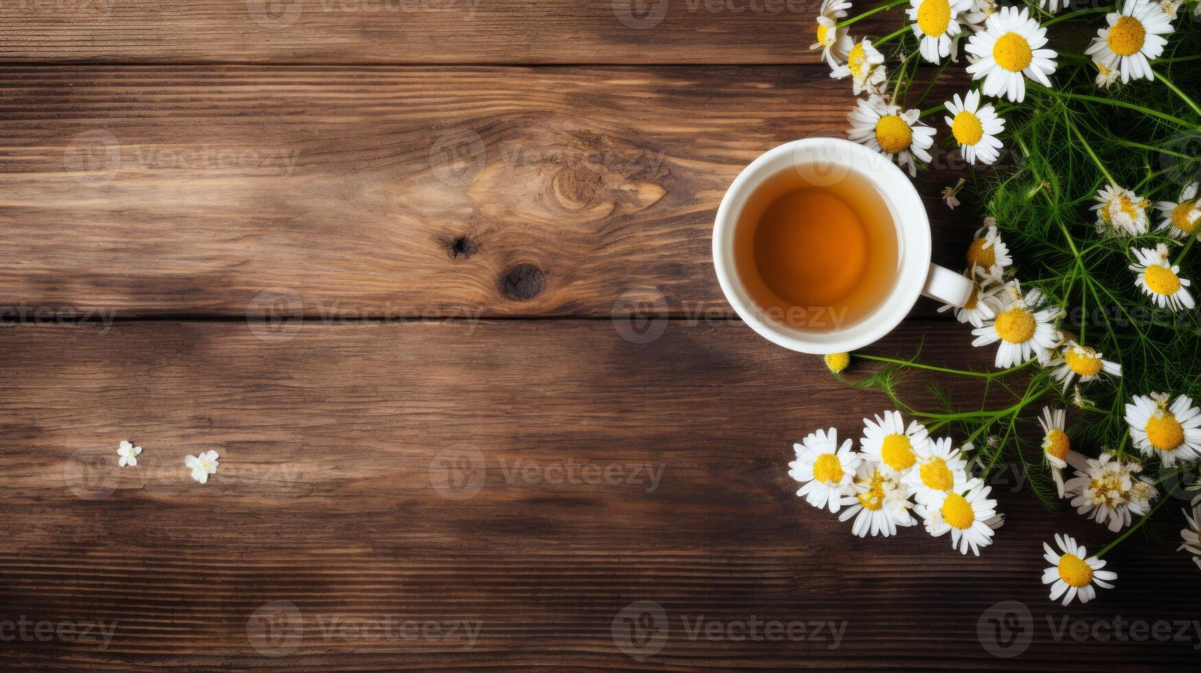 A cup of chamomile tea, shot from the top on wooden background with flowers and copy space. Neural network photo
