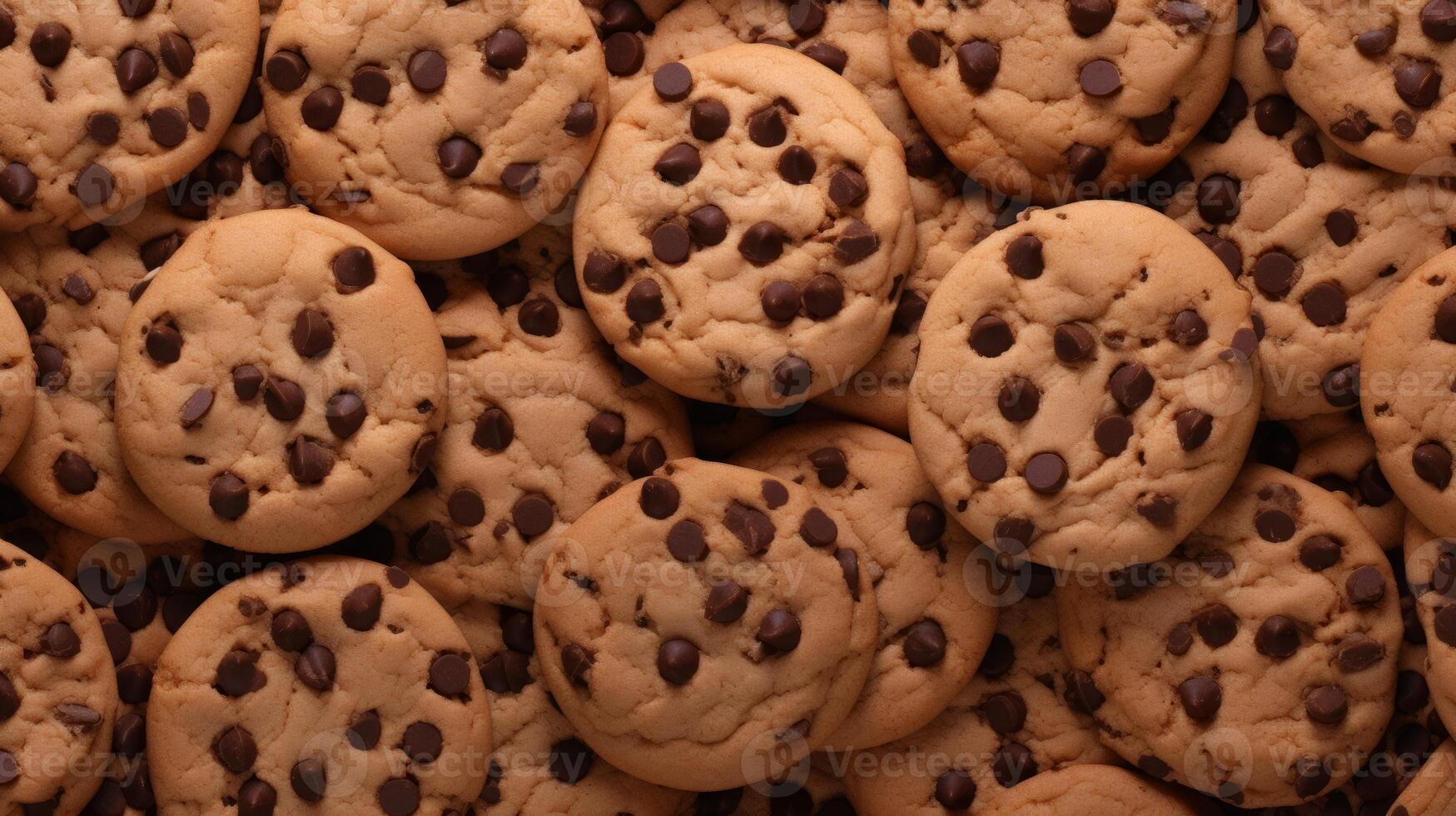 Chocolate chip cookies with melting chocolate, top shot on brown paper. Neural network photo