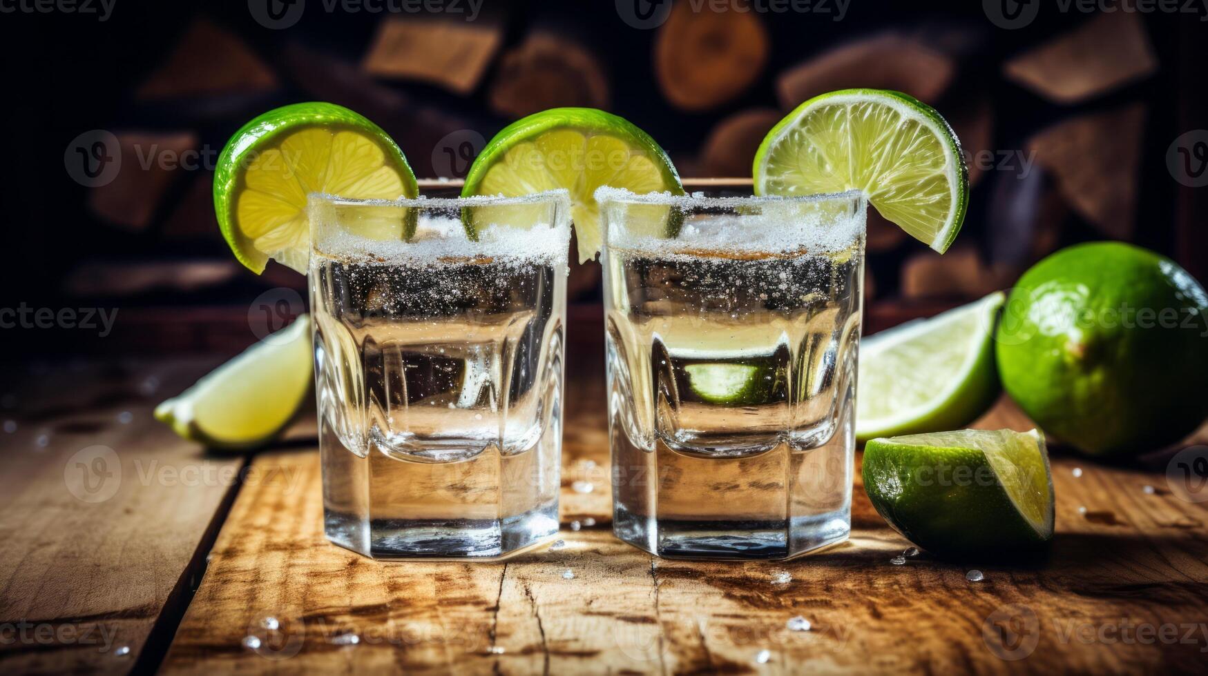 Gold tequila shot with lime fruits on black background. Neural network photo