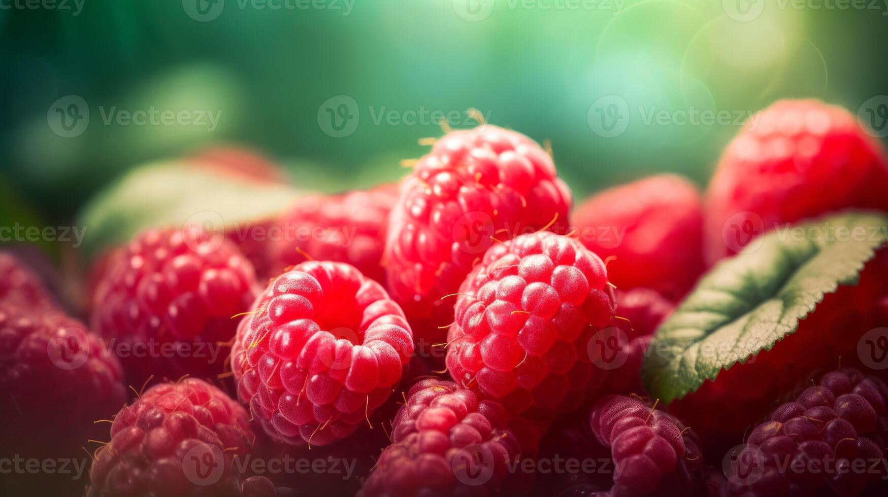 Branch of ripe raspberries in a garden on blurred green background. Neural network photo