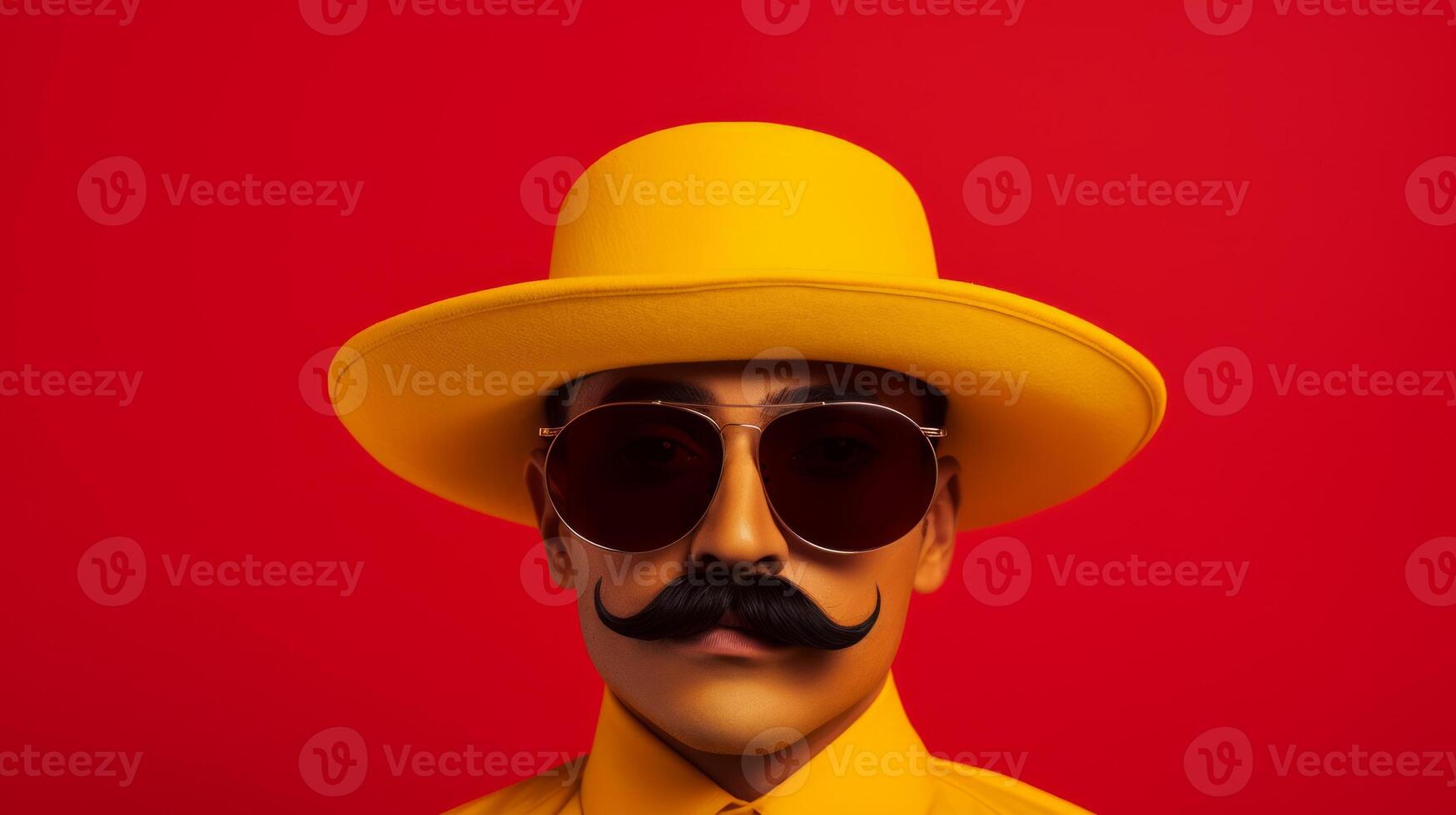 Funny man with mustache and bright clothes on red background. Neural network photo