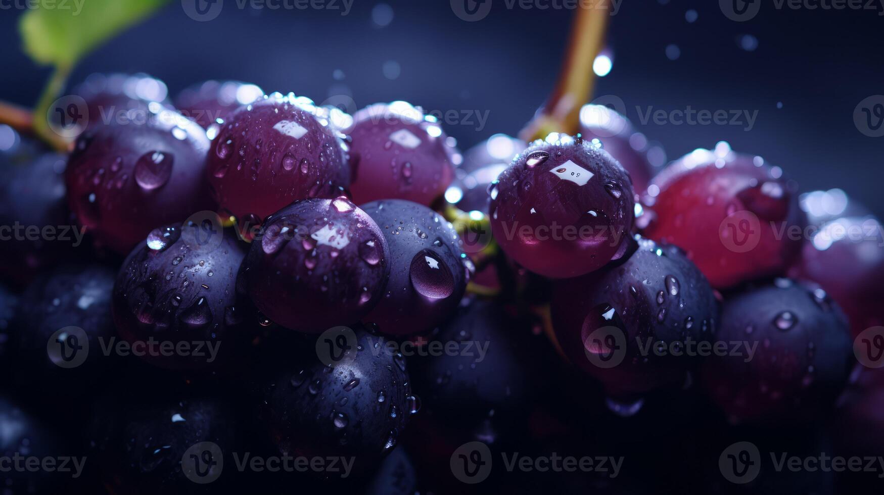 Purple grapes close-up in water droplets. Grape berries in selective focus. Neural network photo