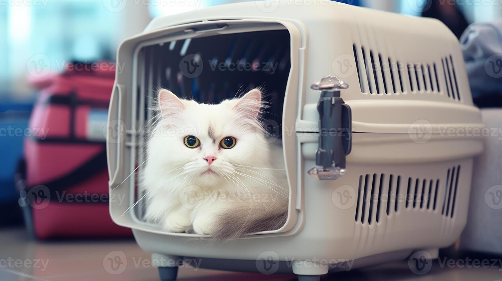 Carrying cat in a closed box for cats on airport interior background. Neural network photo