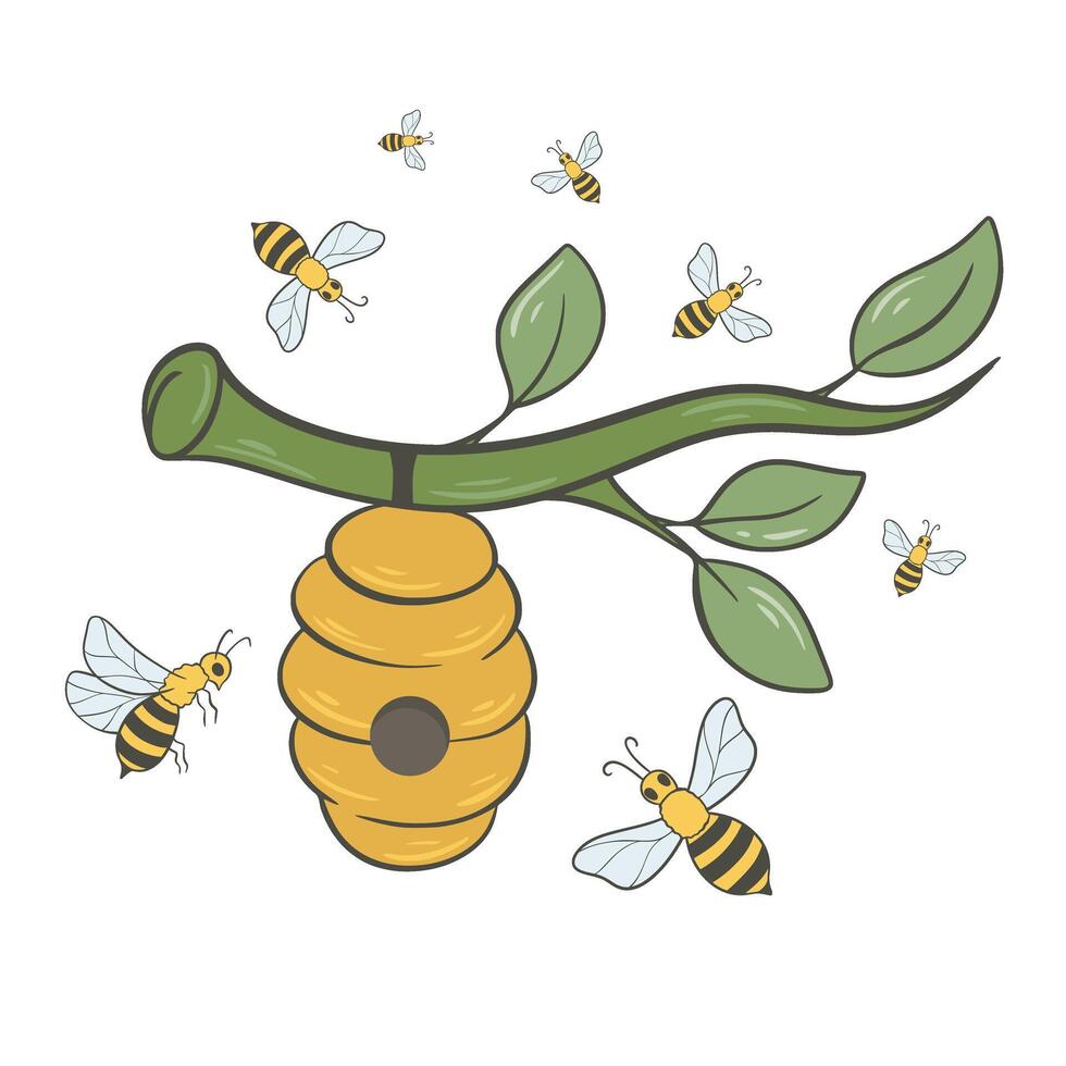 Bee hive on tree branch with honey bees vector