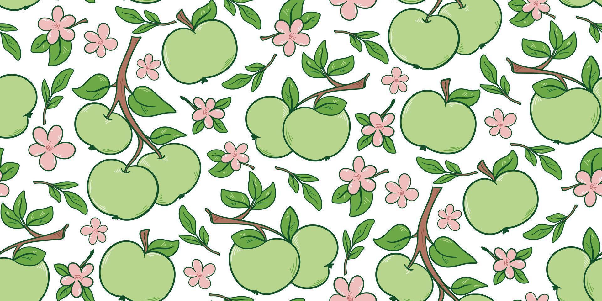 Juicy fresh green apples and flowers seamless pattern vector
