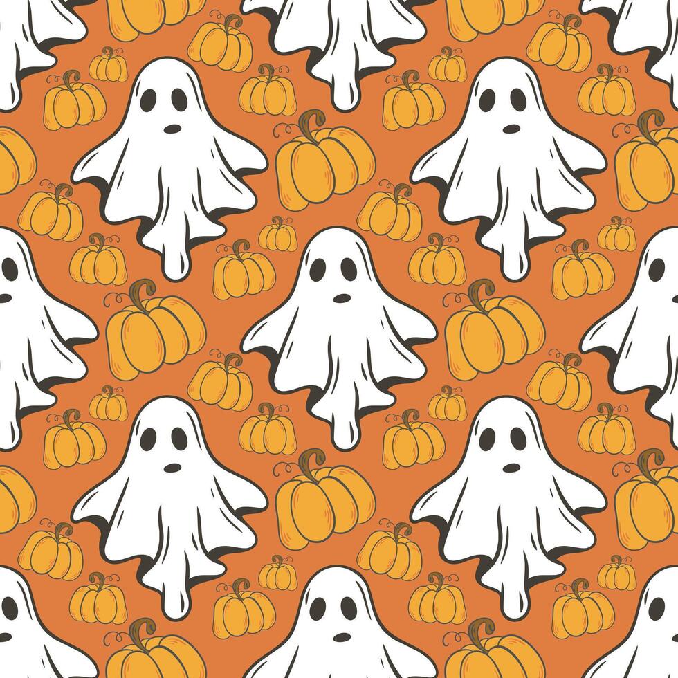 Seamless pattern with flying ghosts and pumpkins vector