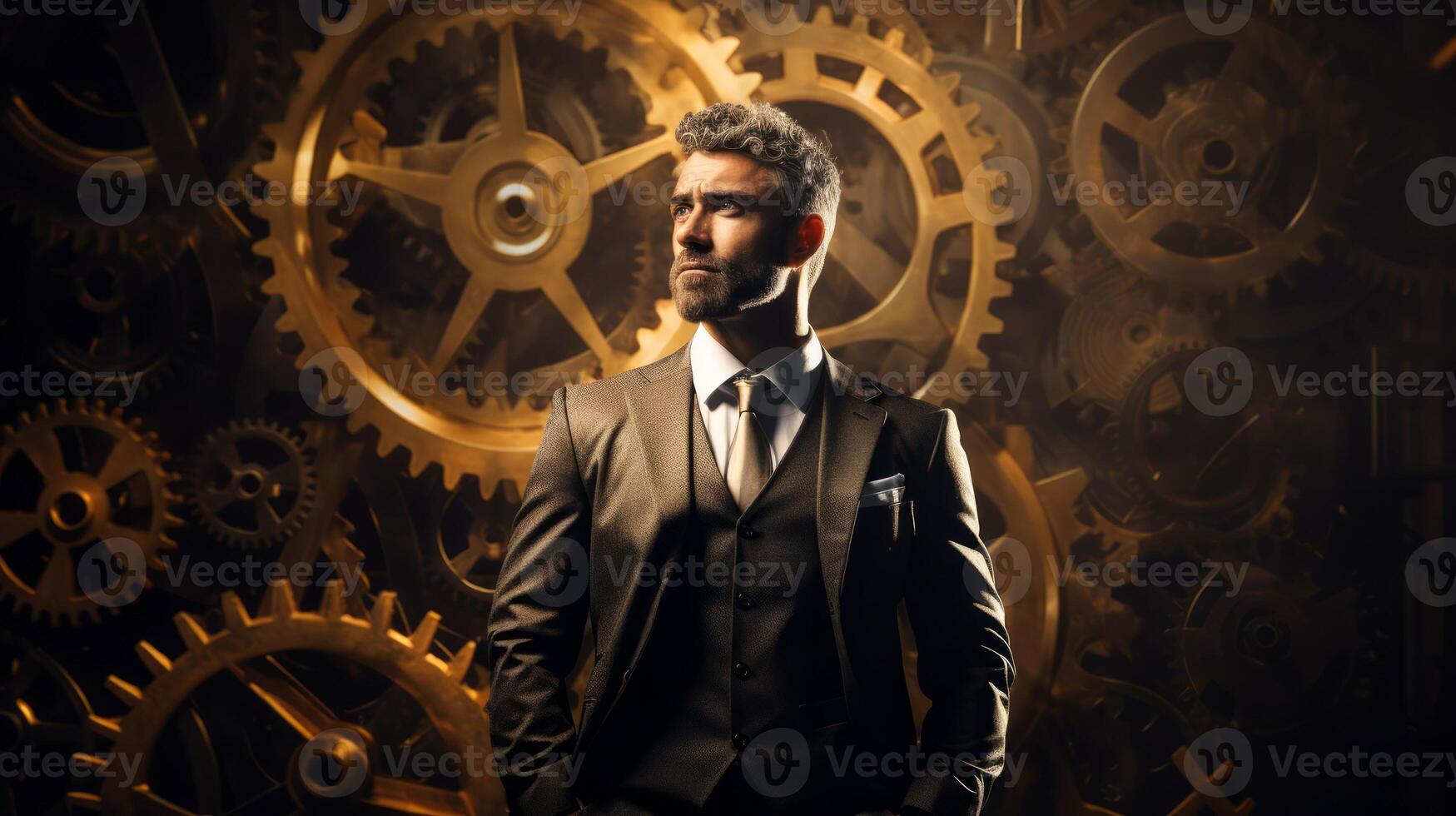 Handsome bearded businessman with background of gears system. Neural network photo