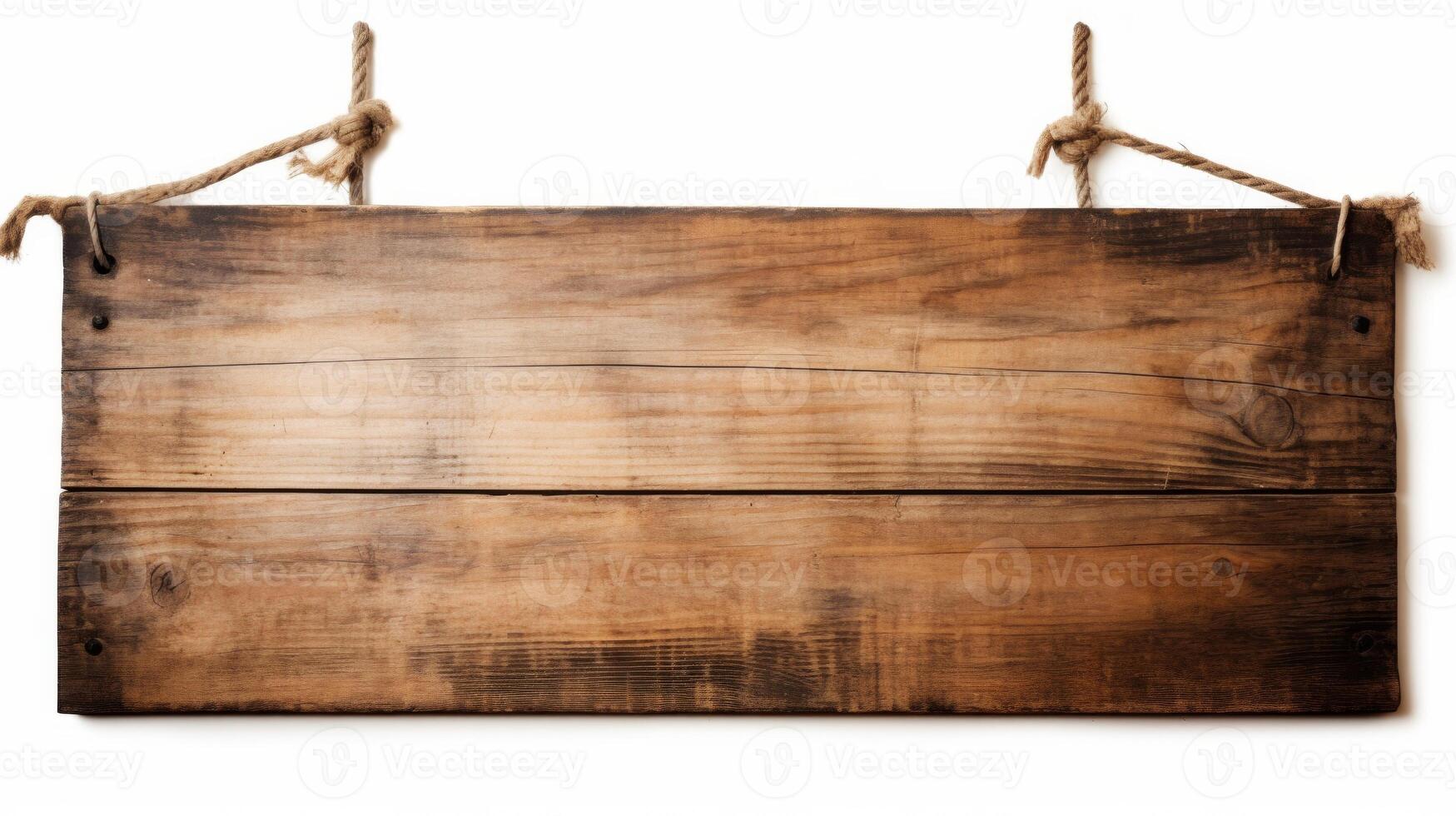 Close up of an empty wooden sign hanging on a rope on white background. Neural network photo