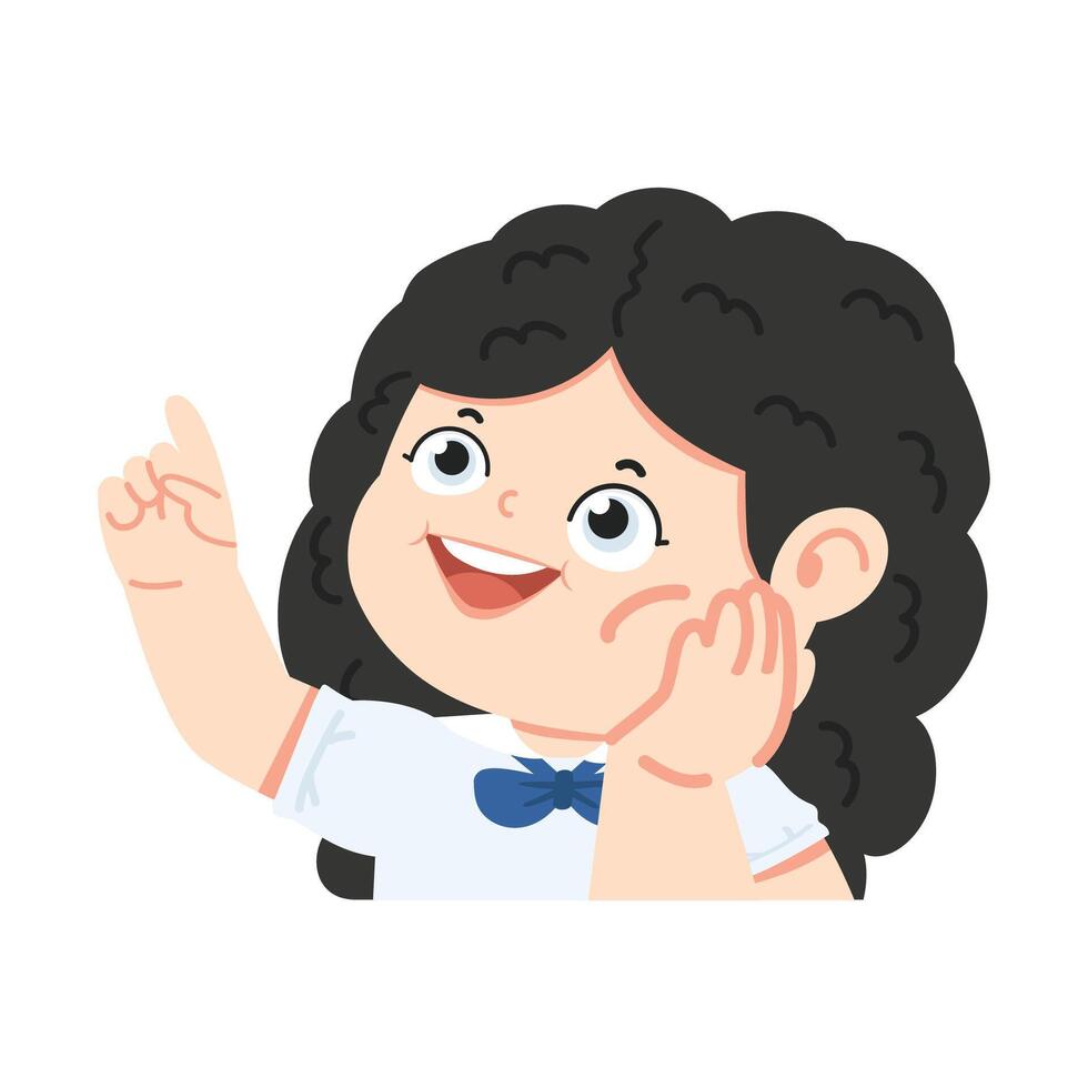 girl sitting with hand under chin pointing to something vector