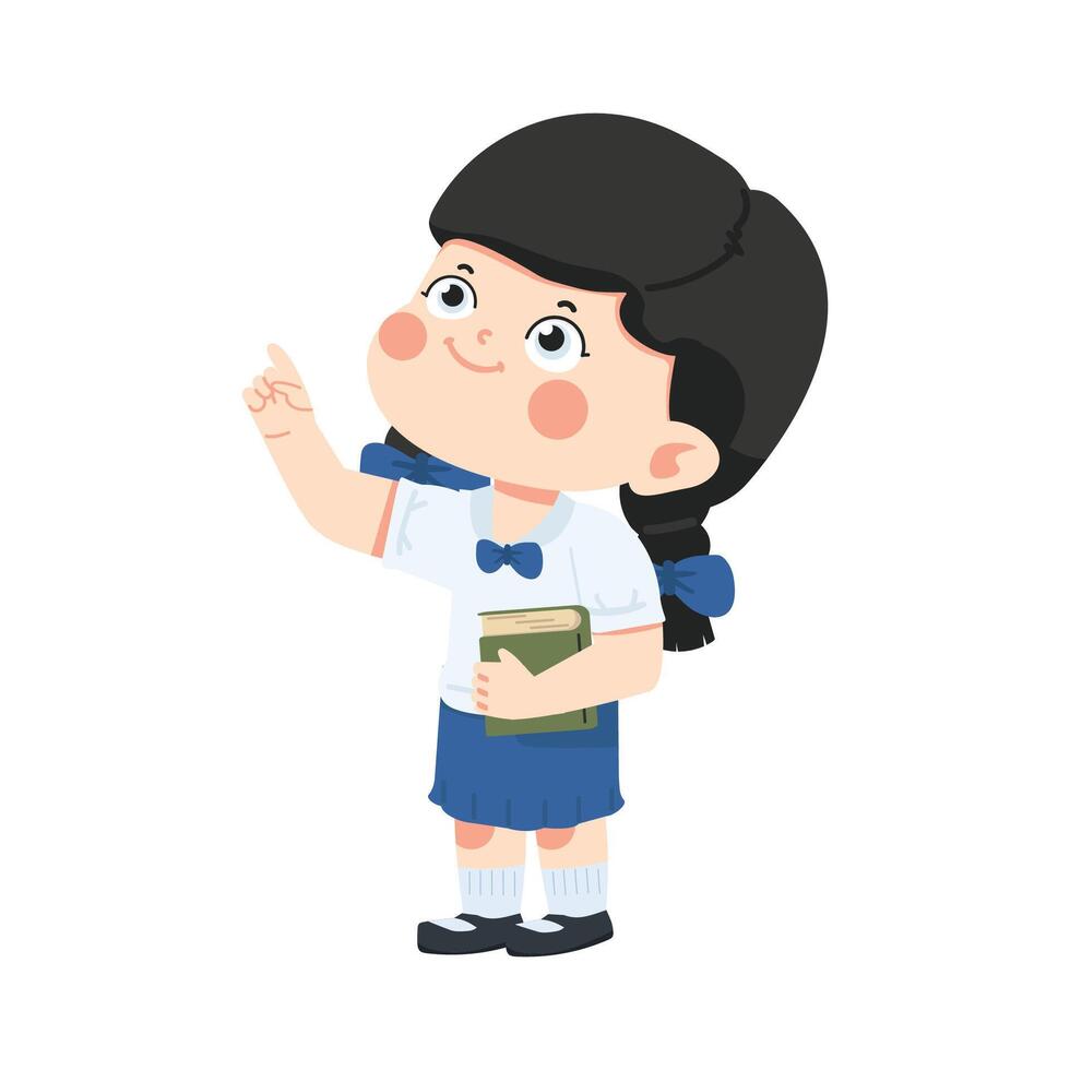 Kid girl student in school uniform pointing to something vector