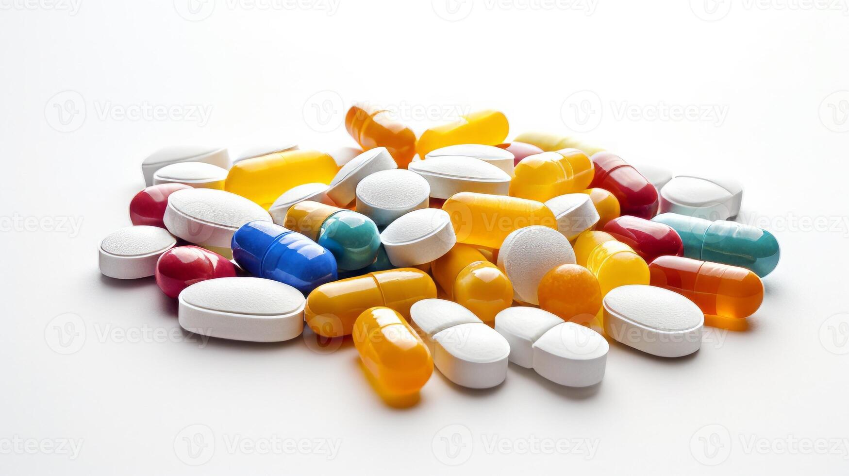 Many colored capsule pills on white background. Neural network photo