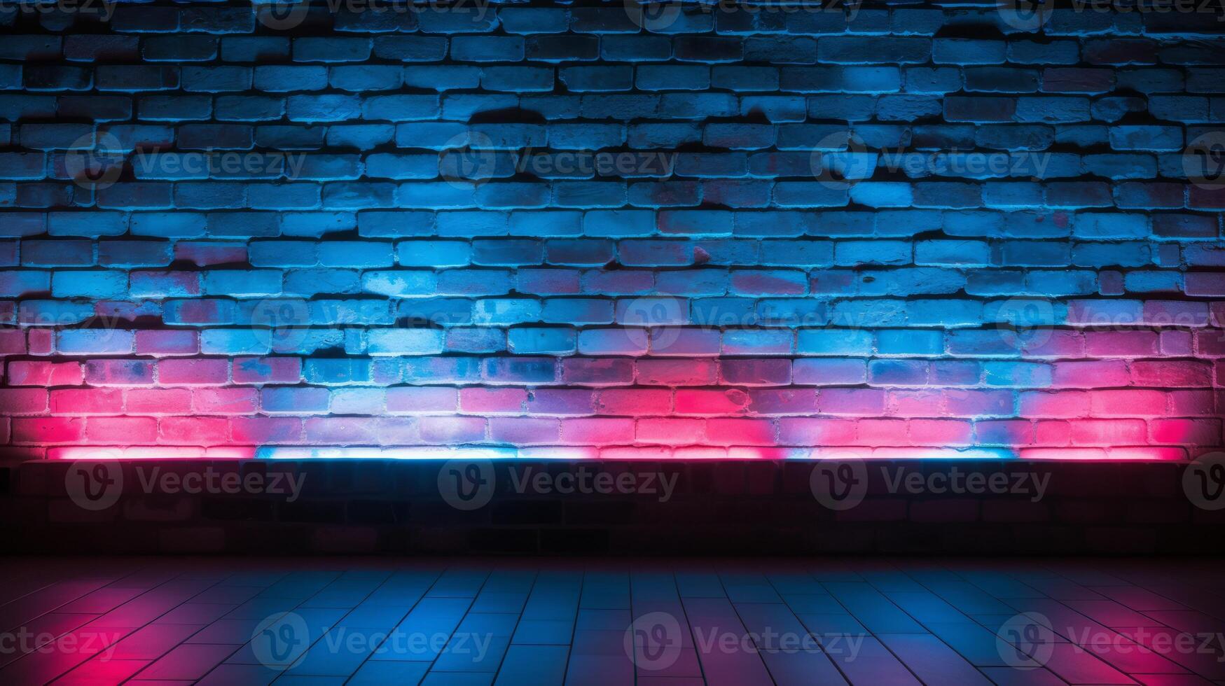 Brick Wall Background, Rough Concrete With Glowing Red Blue Lights. Neural network photo