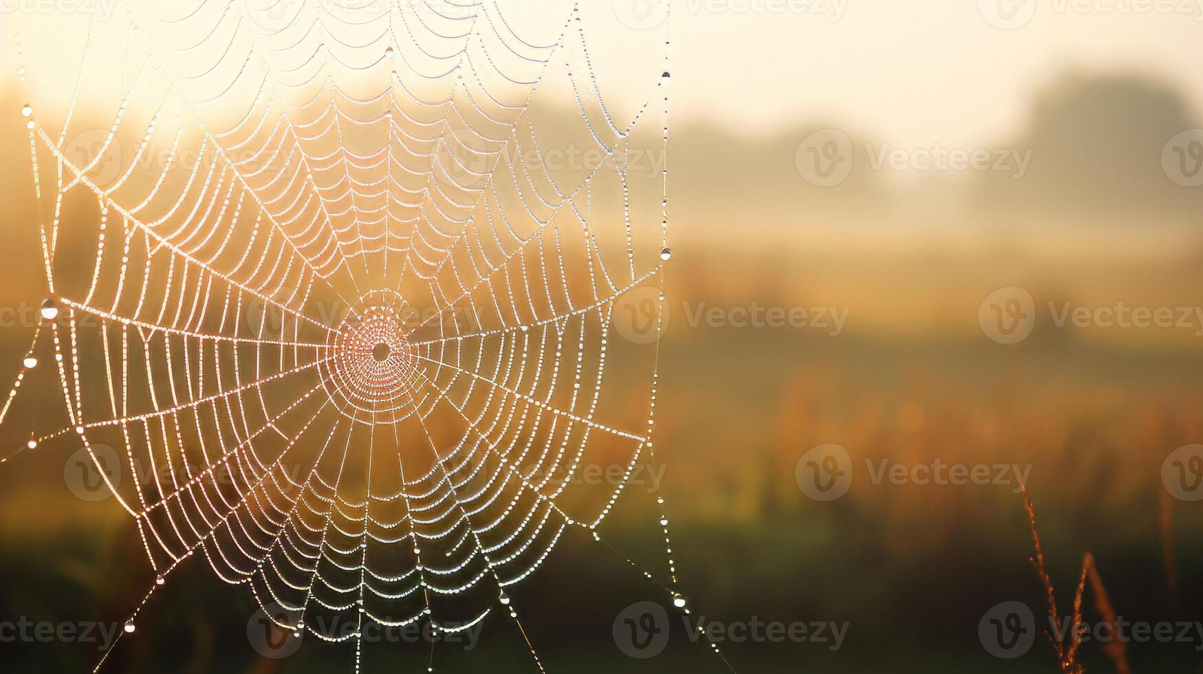 Background spider web in morning dew drops on green grass. Neural network photo