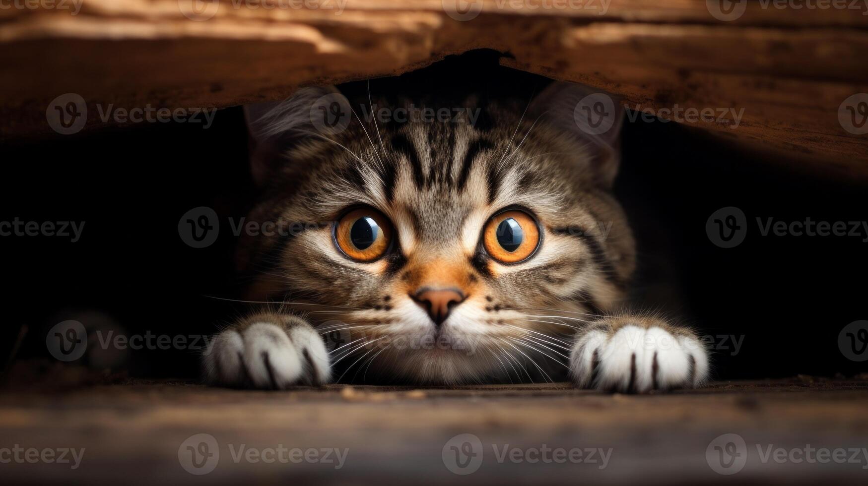 Young cat curiously peeking out from behind the dark background. Neural network photo