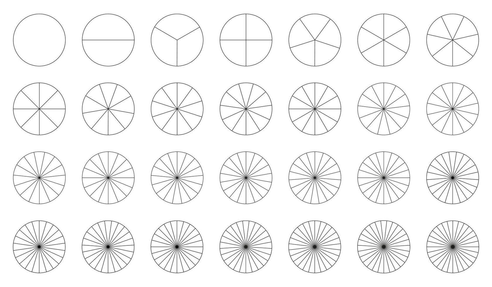 Diagram wheel parts from 1 to 28. Segmented charts template. Sectors divide the circle on equal parts. Coaching blank. Pizza, pie charts. Segments infographic. Outline black graphics. vector