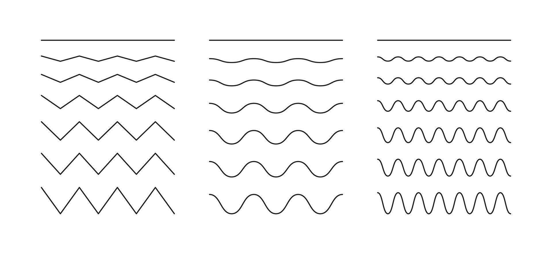 Wavy, curvy, zigzag lines. Undulate borders, transverse horizontal lines. Water pattern, river, lake, sea, ocean symbol. Sine, fluid, air, wind sign. vector