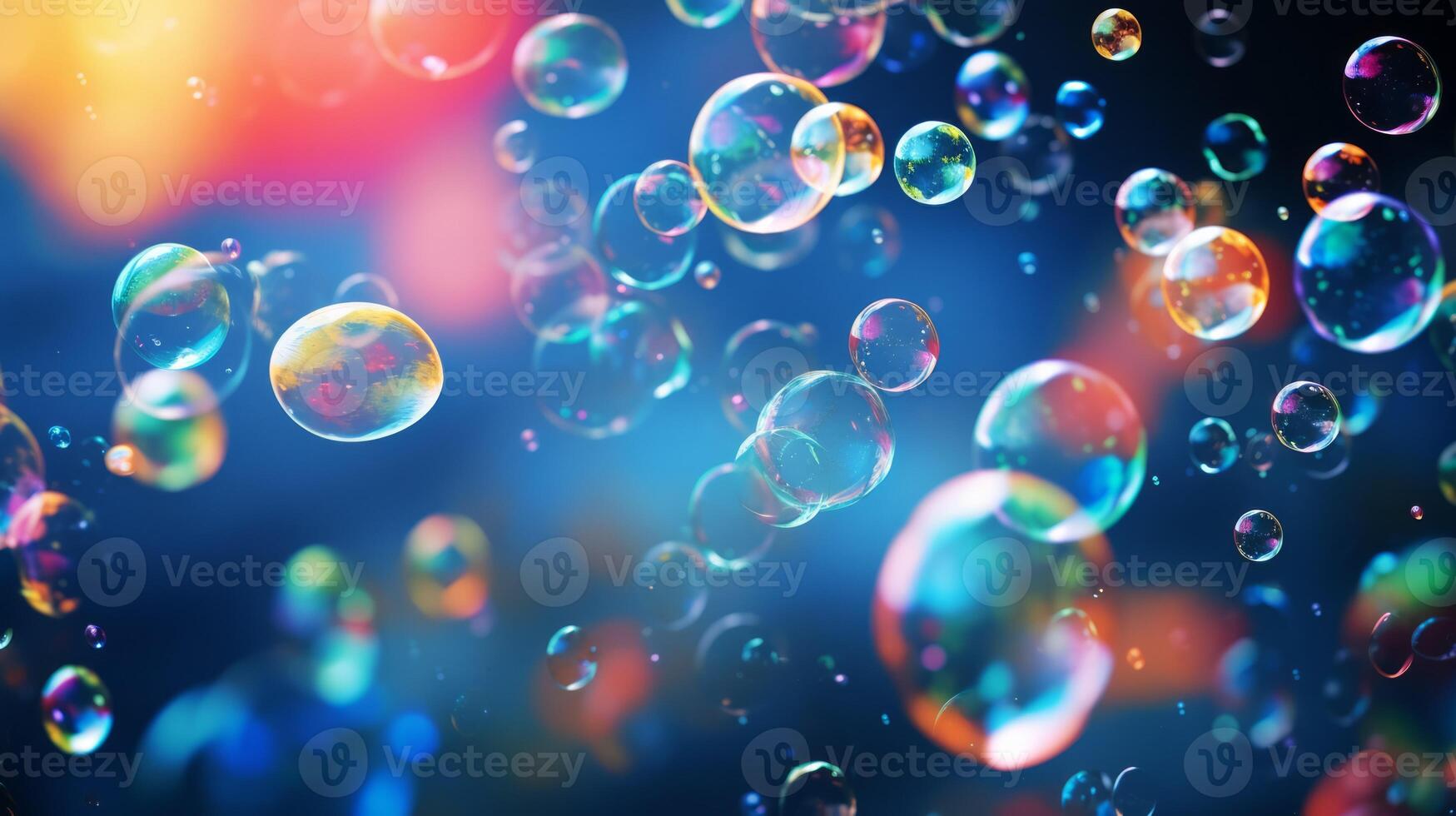 Soap bubbles on colorful blurred background. Neural network photo