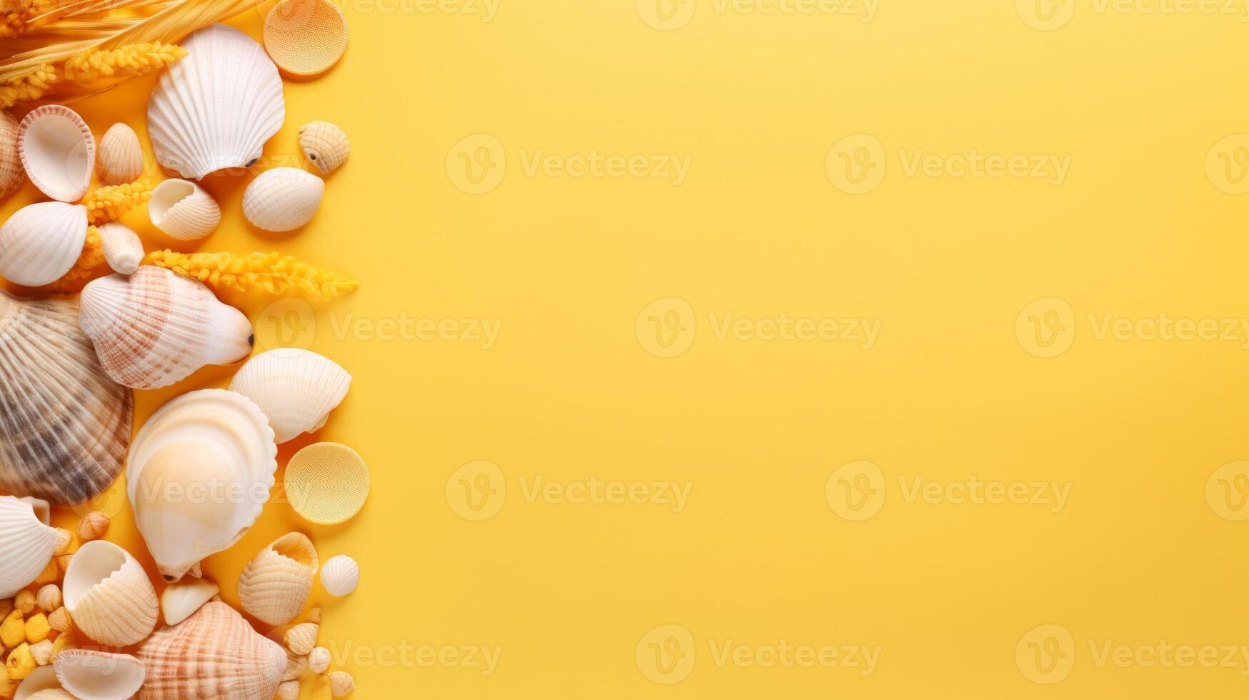 Many different seashells on bright yellow background. Neural network photo