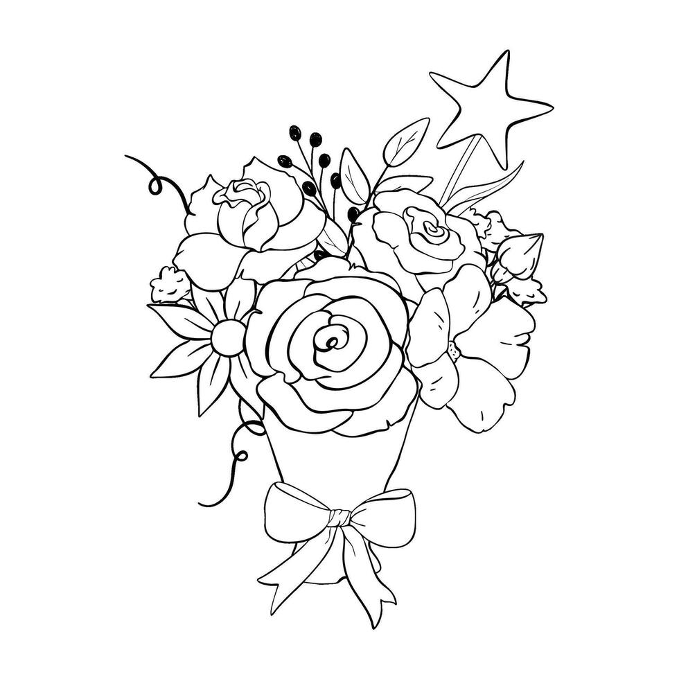 A Beautiful and Vibrant Floral Bouquet with an EyeCatching Star Decoration for Coloring Fun. Illustration vector
